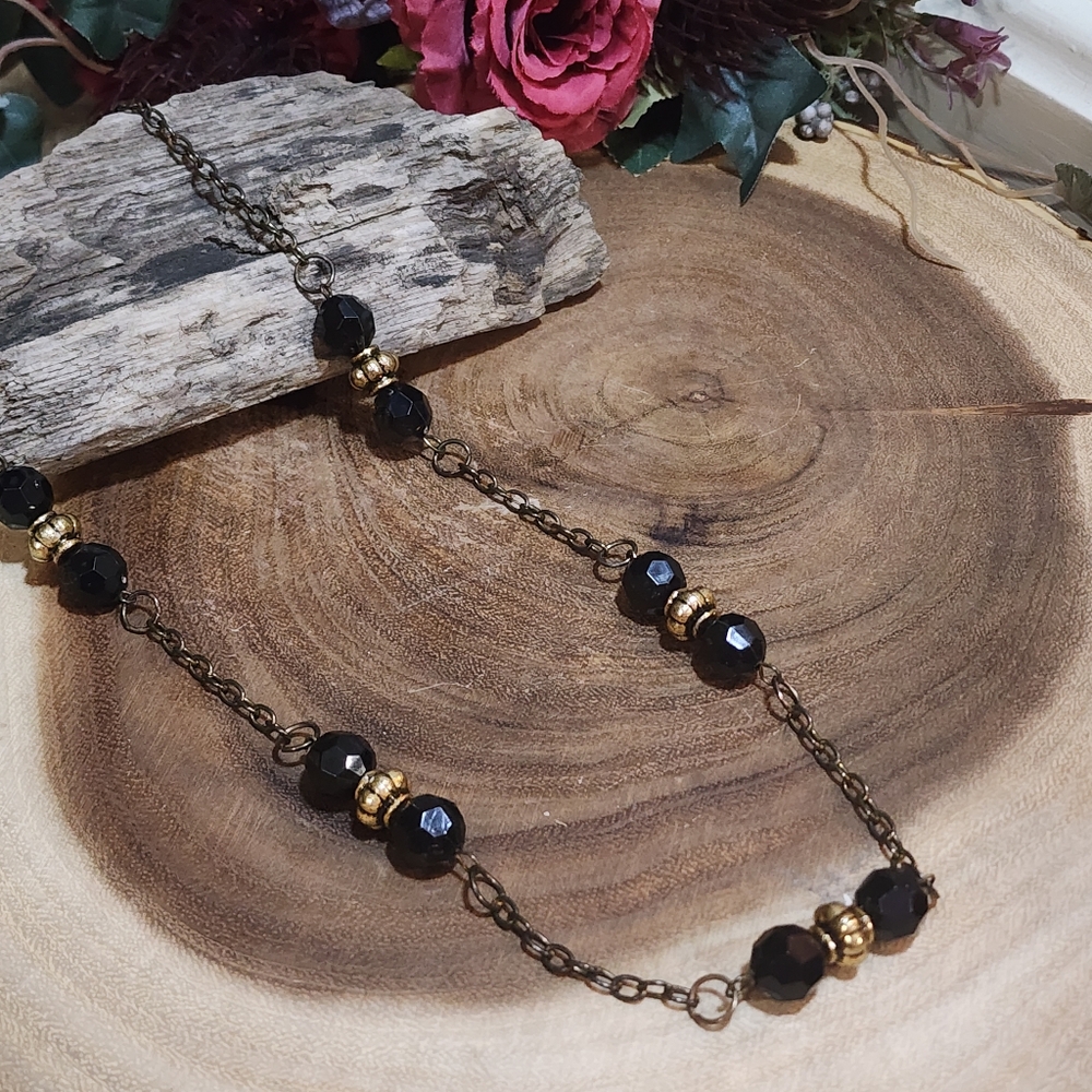 Vintage Gold Toned Necklace With Black Acrylic Beads